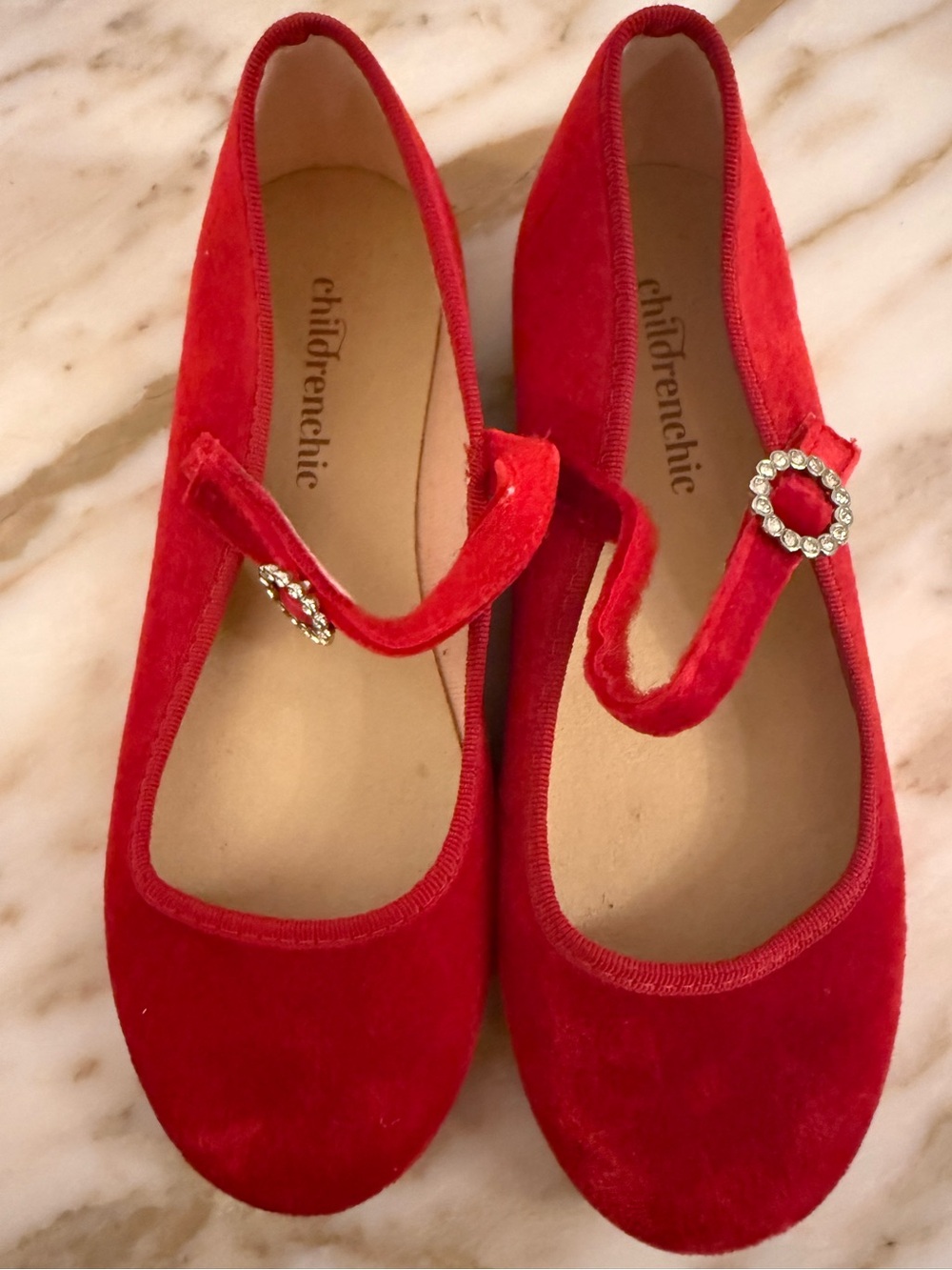 Childrens Chic Red Velvet Mary Jane Flats with Rhinestone Buckle